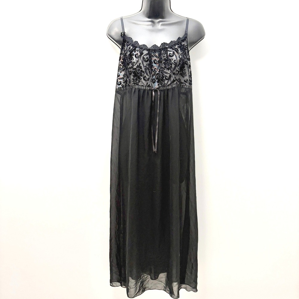 Linea Donatella Nightgown Velvet Flocked Floral Mesh Sheer Black Size Large